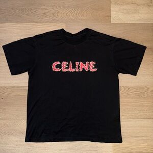Celine Logo Print Rhinestone Logo Shirt